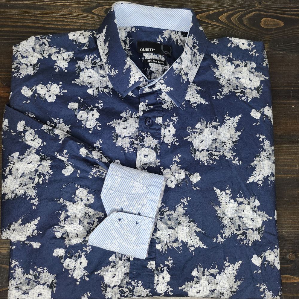 Quieti Men's‎ Floral Print Long Sleeve Button Up Shirt Large 100% Fine Cotton